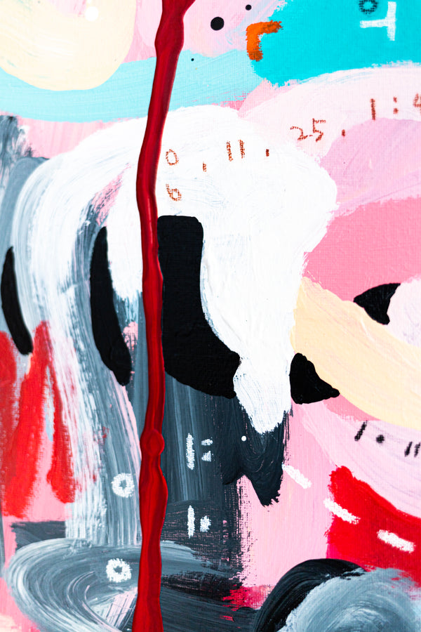 Abstract Painting - Original Wall Art – Oil & Acrylic on Canvas – Yellow Pink Turquoise Modern Wall Art – Confinium III (20"x20" | 50x50cm)