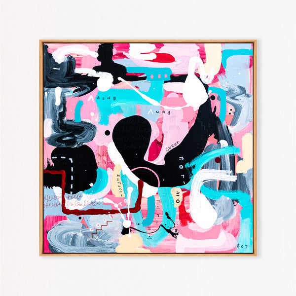 Abstract Painting - Original Wall Art – Oil & Acrylic on Canvas – Yellow Pink Turquoise Modern Wall Art – Confinium II (20"x20" | 50x50cm)