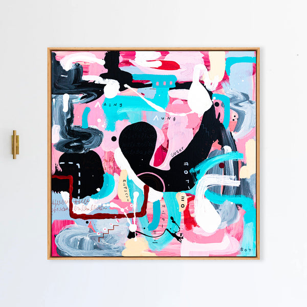 Abstract Painting - Original Wall Art – Oil & Acrylic on Canvas – Yellow Pink Turquoise Modern Wall Art – Confinium II (20"x20" | 50x50cm)