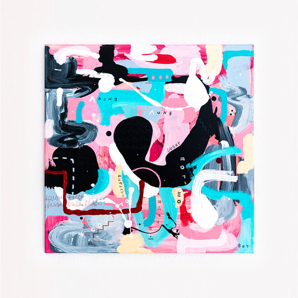 Abstract Painting - Original Wall Art – Oil & Acrylic on Canvas – Yellow Pink Turquoise Modern Wall Art – Confinium II (20"x20" | 50x50cm)