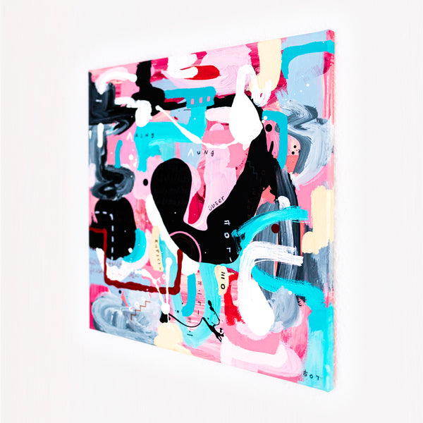 Abstract Painting - Original Wall Art – Oil & Acrylic on Canvas – Yellow Pink Turquoise Modern Wall Art – Confinium II (20"x20" | 50x50cm)