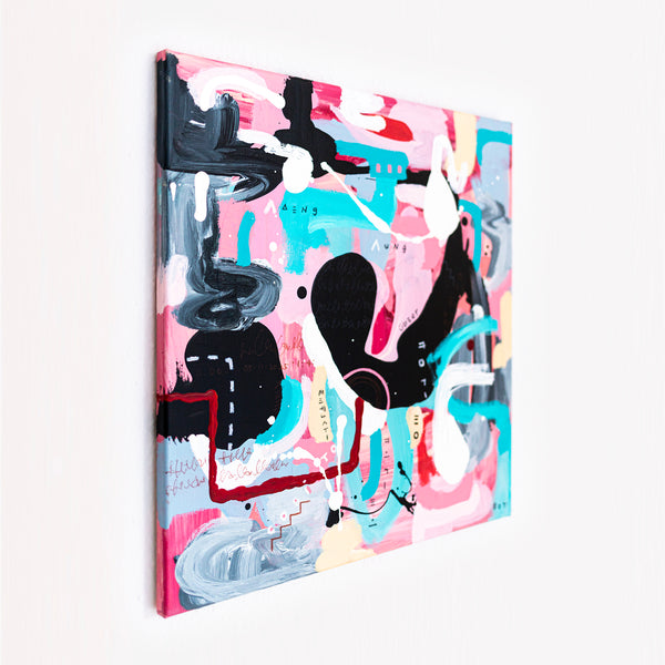 Abstract Painting - Original Wall Art – Oil & Acrylic on Canvas – Yellow Pink Turquoise Modern Wall Art – Confinium II (20"x20" | 50x50cm)