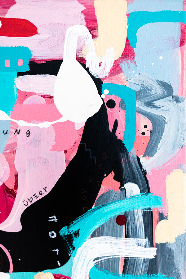 Abstract Painting - Original Wall Art – Oil & Acrylic on Canvas – Yellow Pink Turquoise Modern Wall Art – Confinium II (20"x20" | 50x50cm)