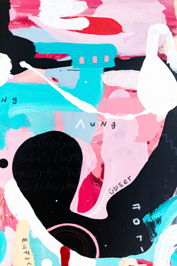 Abstract Painting - Original Wall Art – Oil & Acrylic on Canvas – Yellow Pink Turquoise Modern Wall Art – Confinium II (20"x20" | 50x50cm)