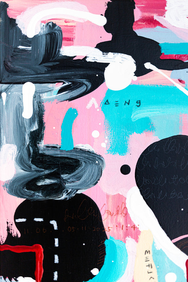 Abstract Painting - Original Wall Art – Oil & Acrylic on Canvas – Yellow Pink Turquoise Modern Wall Art – Confinium II (20"x20" | 50x50cm)