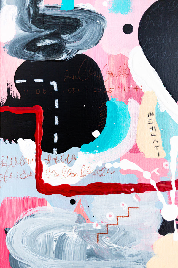 Abstract Painting - Original Wall Art – Oil & Acrylic on Canvas – Yellow Pink Turquoise Modern Wall Art – Confinium II (20"x20" | 50x50cm)