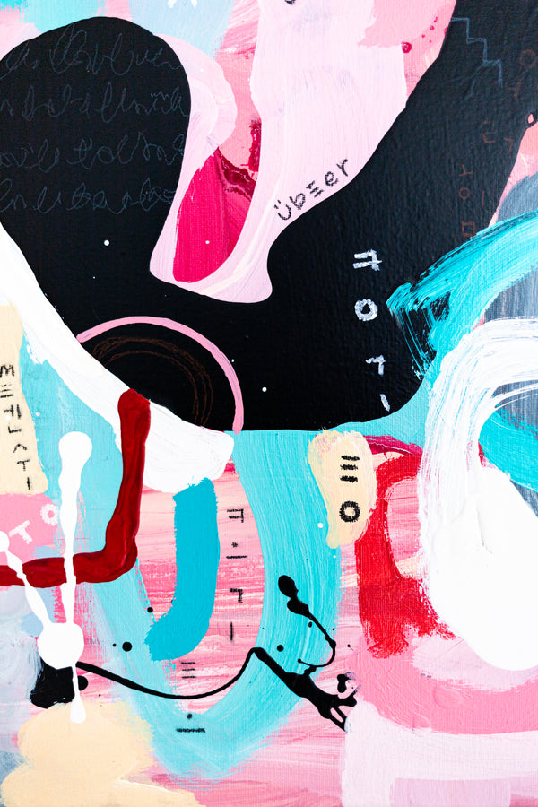 Abstract Painting - Original Wall Art – Oil & Acrylic on Canvas – Yellow Pink Turquoise Modern Wall Art – Confinium II (20"x20" | 50x50cm)