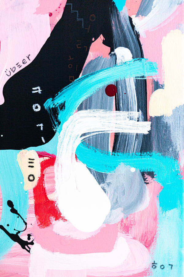 Abstract Painting - Original Wall Art – Oil & Acrylic on Canvas – Yellow Pink Turquoise Modern Wall Art – Confinium II (20"x20" | 50x50cm)