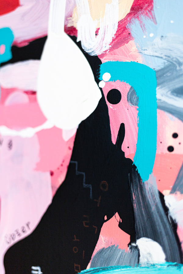 Abstract Painting - Original Wall Art – Oil & Acrylic on Canvas – Yellow Pink Turquoise Modern Wall Art – Confinium II (20"x20" | 50x50cm)