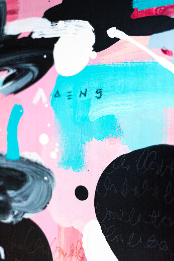 Abstract Painting - Original Wall Art – Oil & Acrylic on Canvas – Yellow Pink Turquoise Modern Wall Art – Confinium II (20"x20" | 50x50cm)