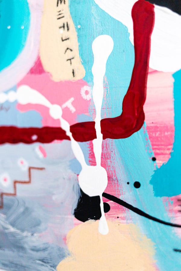 Abstract Painting - Original Wall Art – Oil & Acrylic on Canvas – Yellow Pink Turquoise Modern Wall Art – Confinium II (20"x20" | 50x50cm)