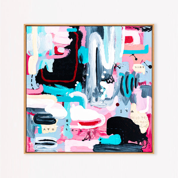 Abstract Painting - Original Wall Art – Oil & Acrylic on Canvas – Yellow Pink Turquoise Modern Wall Art – Confinium I (20"x20" | 50x50cm)