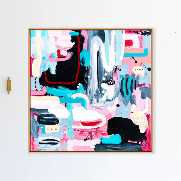 Abstract Painting - Original Wall Art – Oil & Acrylic on Canvas – Yellow Pink Turquoise Modern Wall Art – Confinium I (20"x20" | 50x50cm)