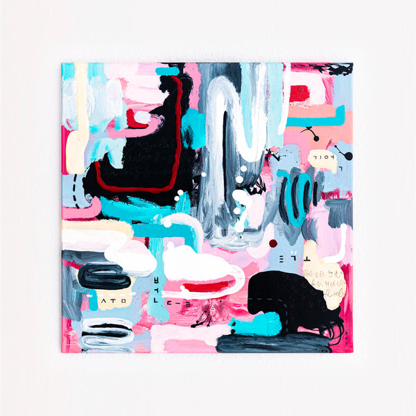 Abstract Painting - Original Wall Art – Oil & Acrylic on Canvas – Yellow Pink Turquoise Modern Wall Art – Confinium I (20"x20" | 50x50cm)