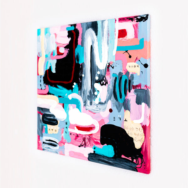 Abstract Painting - Original Wall Art – Oil & Acrylic on Canvas – Yellow Pink Turquoise Modern Wall Art – Confinium I (20"x20" | 50x50cm)