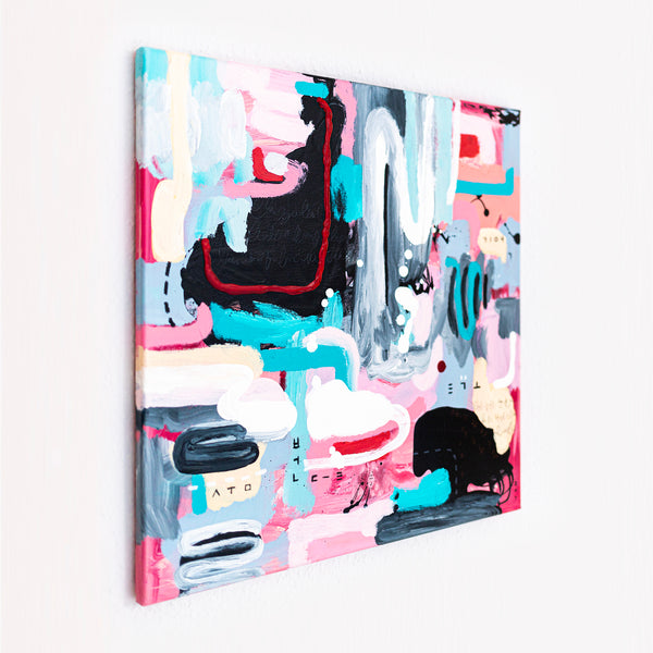 Abstract Painting - Original Wall Art – Oil & Acrylic on Canvas – Yellow Pink Turquoise Modern Wall Art – Confinium I (20"x20" | 50x50cm)