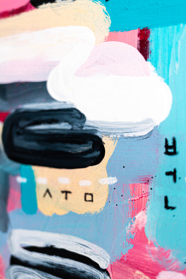 Abstract Painting - Original Wall Art – Oil & Acrylic on Canvas – Yellow Pink Turquoise Modern Wall Art – Confinium I (20"x20" | 50x50cm)