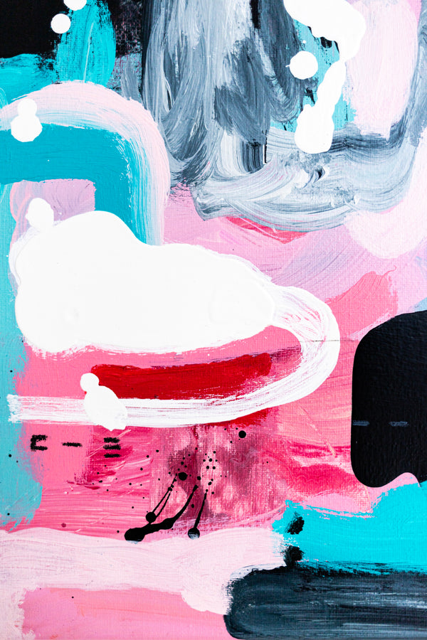 Abstract Painting - Original Wall Art – Oil & Acrylic on Canvas – Yellow Pink Turquoise Modern Wall Art – Confinium I (20"x20" | 50x50cm)