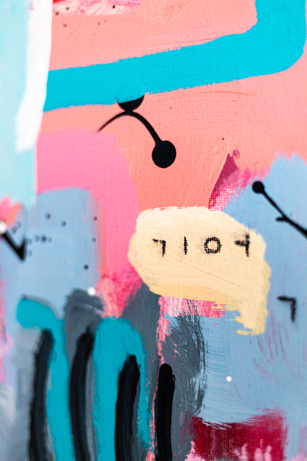 Abstract Painting - Original Wall Art – Oil & Acrylic on Canvas – Yellow Pink Turquoise Modern Wall Art – Confinium I (20"x20" | 50x50cm)