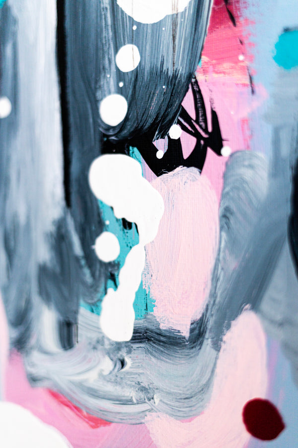 Abstract Painting - Original Wall Art – Oil & Acrylic on Canvas – Yellow Pink Turquoise Modern Wall Art – Confinium I (20"x20" | 50x50cm)