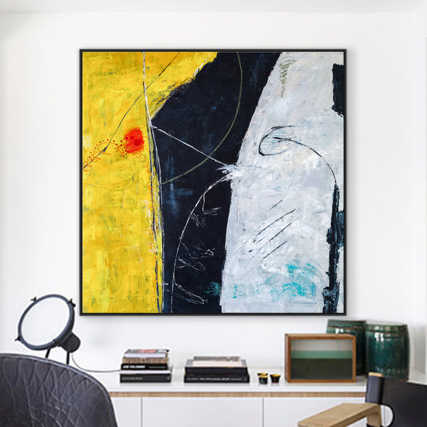 Bold Expression of Modern Abstract Original Painting in Acrylic, Large Canvas Art in Yellow & Blue | Connection II