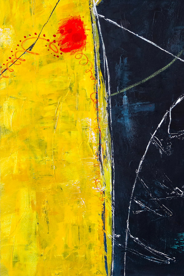 Bold Expression of Modern Abstract Original Painting in Acrylic, Large Canvas Art in Yellow & Blue | Connection II