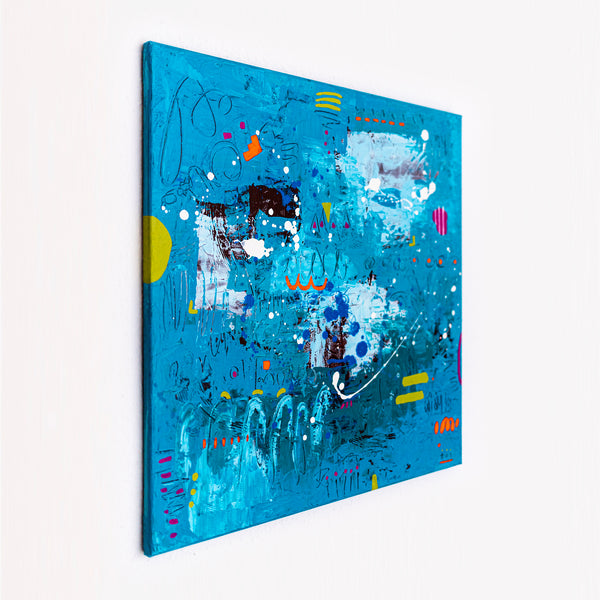 Abstract Painting - Blue Original Wall Art – Large Oil & Acrylic on Canvas – Mixed Media Modern Wall Art – Cordelia (24"x24" | 60x60cm)
