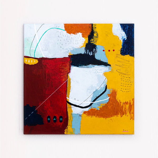 Bold Red Abstract Wall Art — Vibrant Modern Original Oil Painting, Textured Canvas — "Crimson Ballance" (20"x20" | 51x51cm)