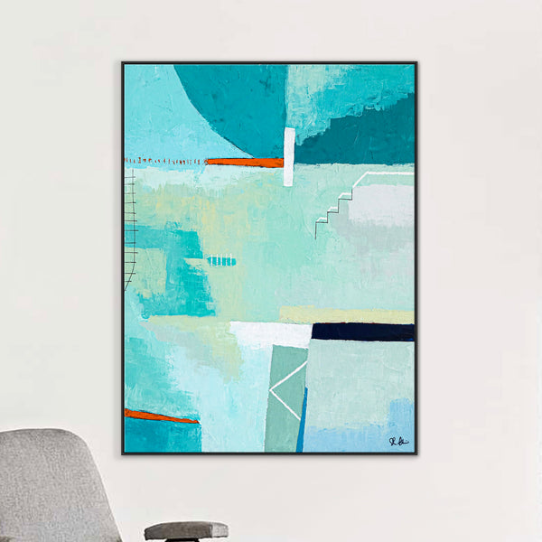 Original Abstract Acrylic Painting in Aqua-Colored, Large Modern Canvas Art | Daydream of Friday (Vertical Ver.)