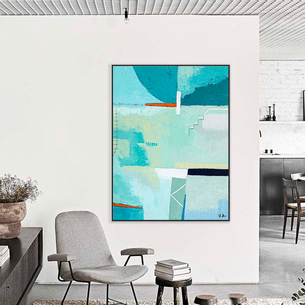 Original Abstract Acrylic Painting in Aqua-Colored, Large Modern Canvas Art | Daydream of Friday (Vertical Ver.)