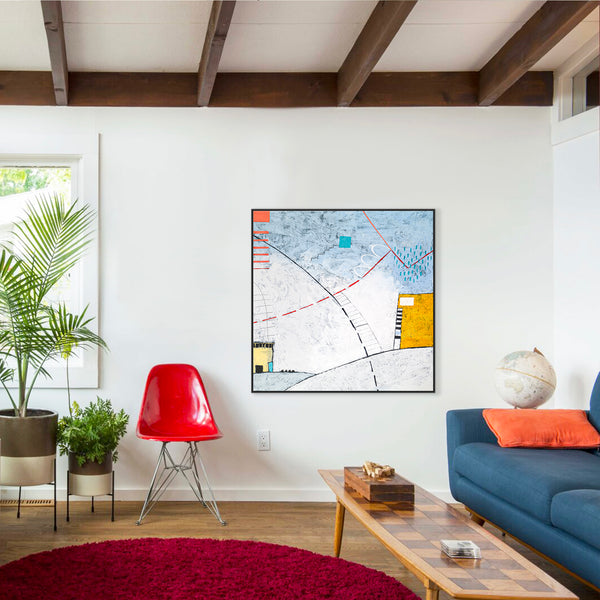 Playful Abstract Painting, Modern Canvas Wall Art of Two Buildings Amidst Cozy Comfort | Domus (Square Ver.)