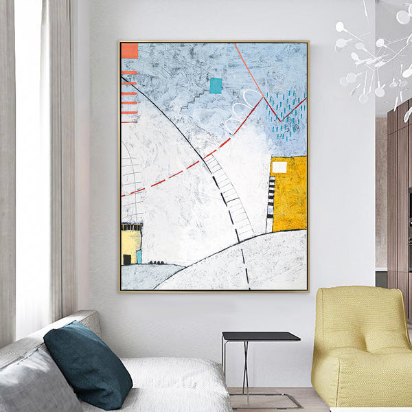 Playful Large original Abstract Painting, Modern Canvas Wall Art of Two Buildings Amidst Cozy Comfort | Domus