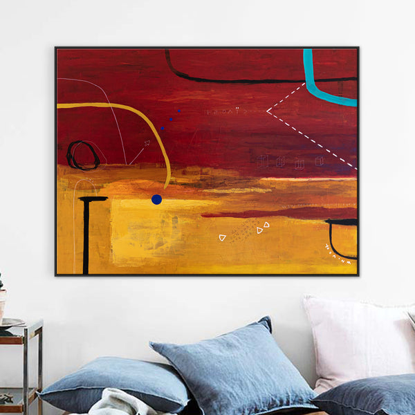 Original Abstract Painting with Geometric Elements, Red and Yellow Modern Canvas Wall Art | Dypdrom (48"x36")