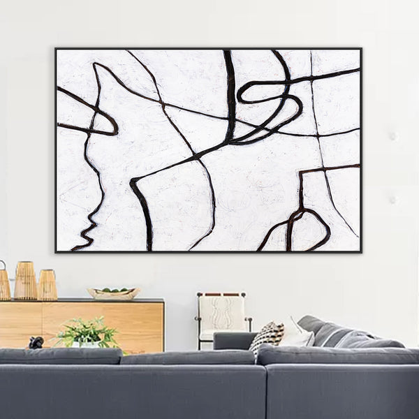 Minimalist Large Original Abstract Acrylic Painting, Black & White Modern Canvas Wall Art | Es I (Horizontal Ver.)