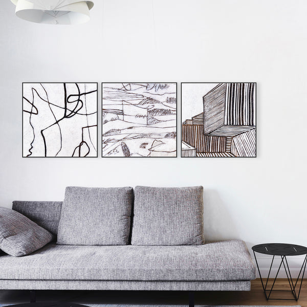 3 Set of Original Abstract Minimalism Painting Black and White Modern Canvas Wall Art | Es (3 Set) (24"x24")