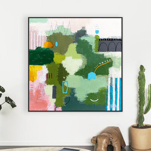 Original Abstract Acrylic Painting, Large Modern Canvas Wall Art with a Cheerful Green Emphasis | Galene