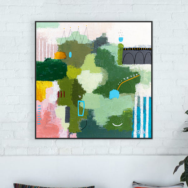 Original Abstract Acrylic Painting, Modern Canvas Wall Art with a Cheerful Green Emphasis | Galene (24"x24")