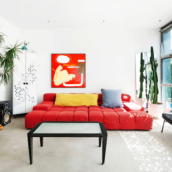 Intensely Vibrant & Minimal Abstract Original Painting, Modern Canvas Wall Art in Radiating Cheerfulness | Orange halo (40"x40")