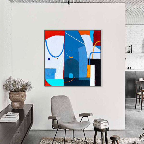 Large Original Abstract Acrylic Painting, Modern Colorful Canvas Wall Art with Imaginative Blue and Red | Hadanka