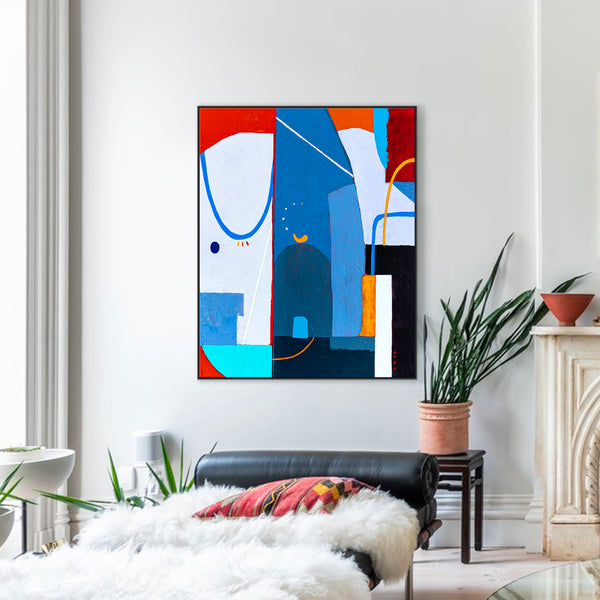 Large Original Abstract Acrylic Painting, Modern Colorful Canvas Wall Art with Blue & Red | Hadanka (Vertical Ver.)