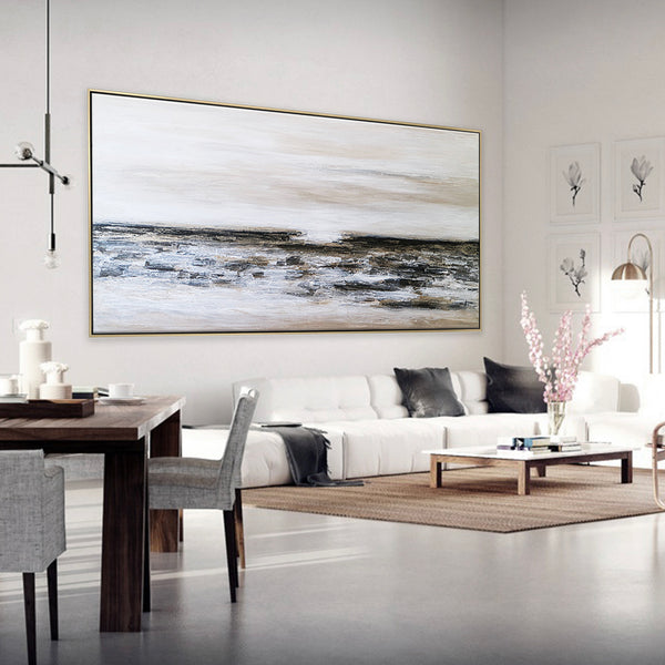Seascape in Acrylic Abstract Original Painting, Large Canvas Modern Wall Art of Light & Land Boundary | Horizon II