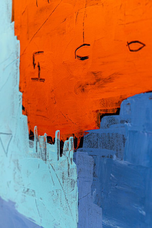 Modern Contemporary Original Abstract Painting, Blue and Orange Acrylic & Mixed Media | Ingress (36"x48")