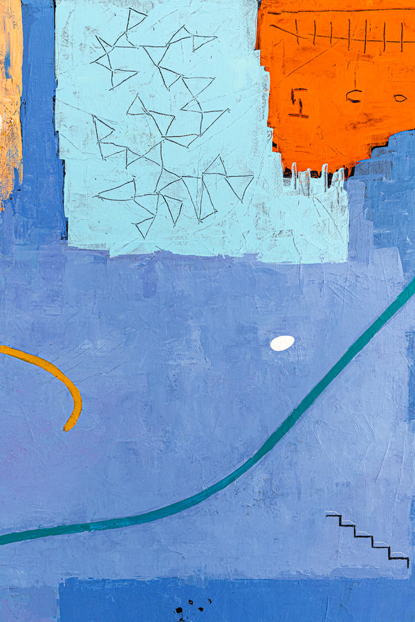 Modern Contemporary Original Abstract Painting, Blue and Orange Acrylic & Mixed Media | Ingress (36"x48")