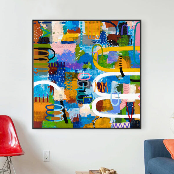 Journey through Bold Colors and Complex Simplicity in Modern Abstract Painting, Canvas Wall Art | Jaemi (48"x48")