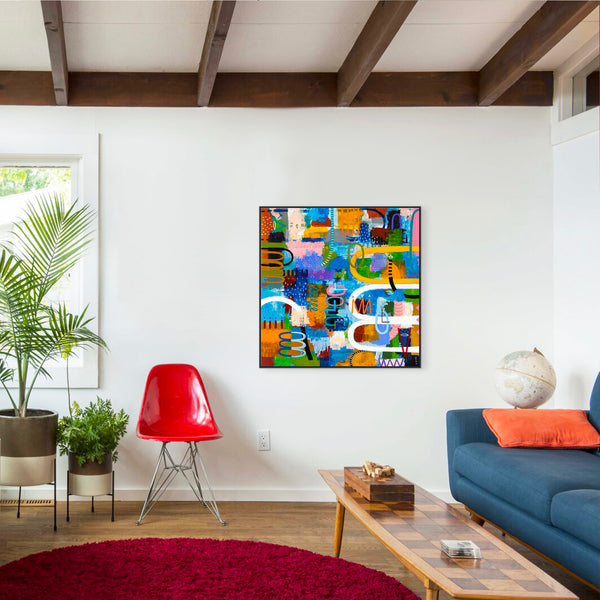 Journey through Bold Colors and Complex Simplicity in Modern Abstract Painting, Canvas Wall Art | Jaemi (48"x48")
