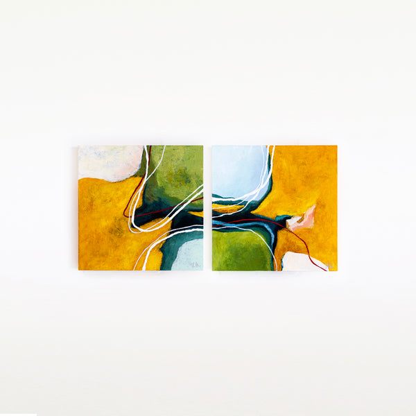 2 Set of Original Abstract Painting, Modern Yellow and Green Hues Canvas Wall Art | Kalliroi (2 Set) (24"x24")