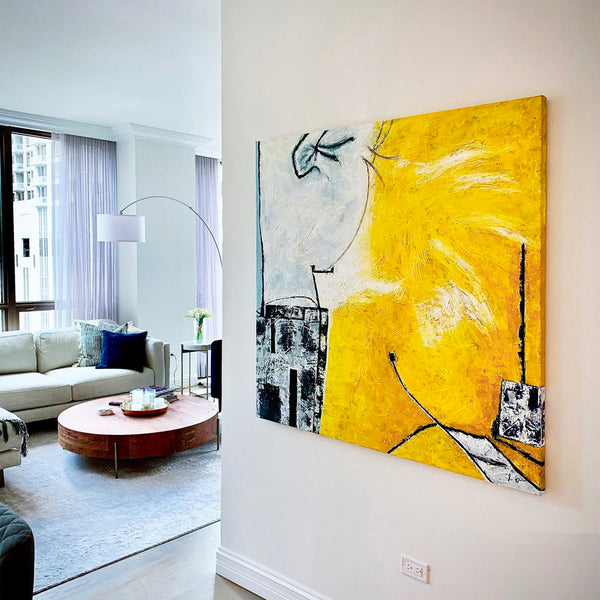 Yellow Original Dynamic Abstract Acrylic Painting, Modern Canvas Wall Art Infused with Sunlit Yellow | Les iles
