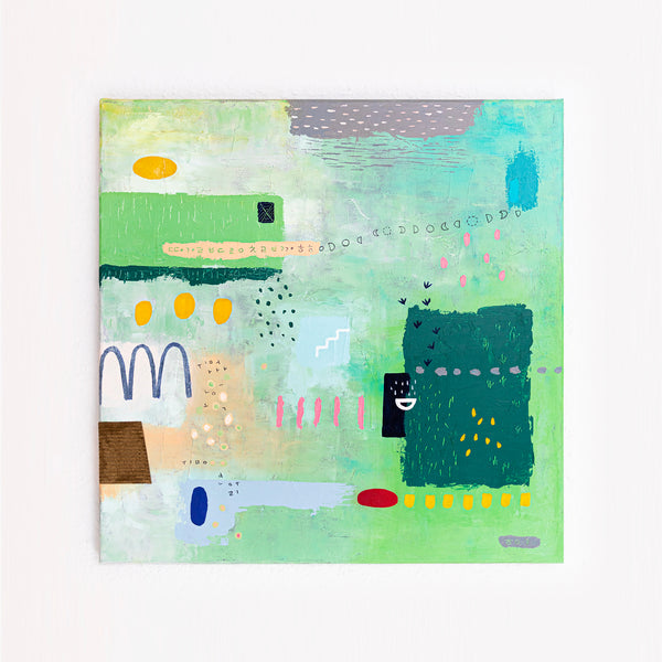 Abstract Painting - Original Wall Art – Oil & Acrylic on Canvas – Green color Contemporary Modern Wall Art – Levis (20"x20" | 50x50cm)