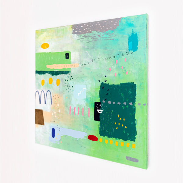 Abstract Painting - Original Wall Art – Oil & Acrylic on Canvas – Green color Contemporary Modern Wall Art – Levis (20"x20" | 50x50cm)
