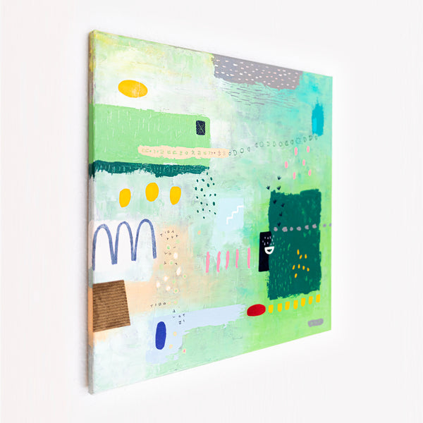 Abstract Painting - Original Wall Art – Oil & Acrylic on Canvas – Green color Contemporary Modern Wall Art – Levis (20"x20" | 50x50cm)